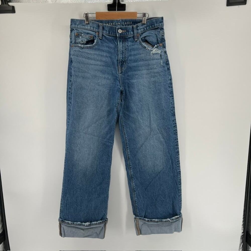 American Eagle Denim Stovepipe Jeans Womens 8 Distressed Cuffed Wide Leg Baggy